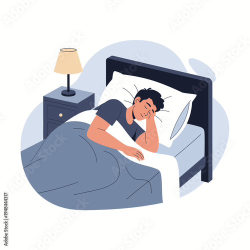 Sleeping Man Enjoying a Peaceful Nights Rest in a Cozy Bedroom Illustration on White Background