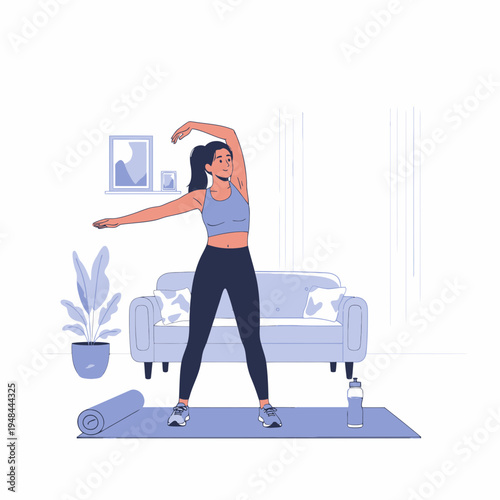 Stretching Woman Performing a Home Workout Routine with Arm Movements on a Yoga Mat