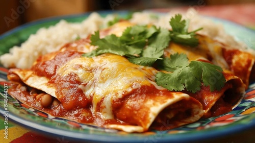 Vibrant plate of Mexican enchiladas with red sauce melted cheese and fresh cilantro served with rice and beans in a colorful Mexican kitchen