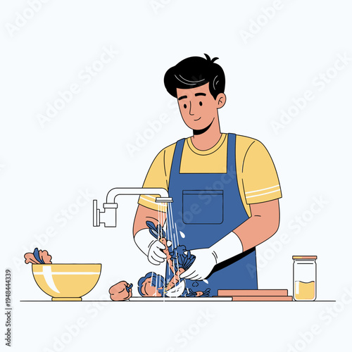 Washing Fresh Produce Under Faucet by Man in Kitchen for Healthy Meal Preparation