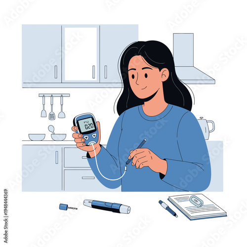 Woman Measuring Blood Sugar Level at Home with a Glucometer and an Insulin Pen