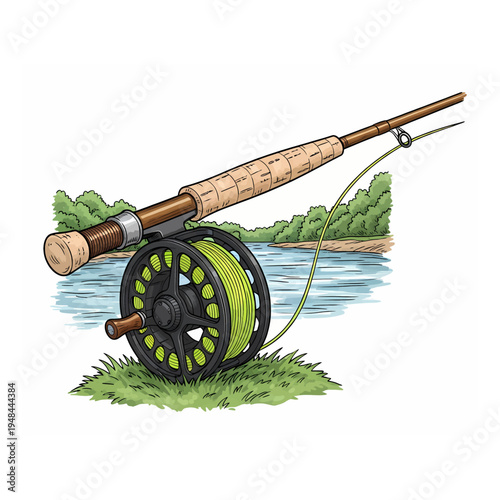 Fly fishing rod and reel with green line on grass with river and forest background illustration