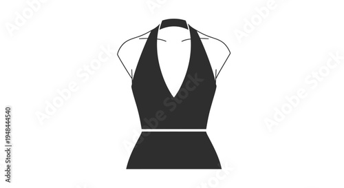 Seductive black halter neck dress, featuring a plunging neckline and a flattering belted waist, perfect for glamorous evening wear and parties.