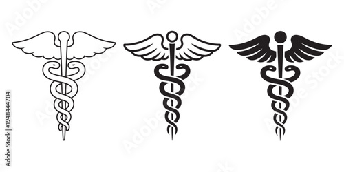 Caduceus medical symbol vector illustration set, pharmacy healthcare sign, prescription medicine icon collection, medical snake staff emblem design