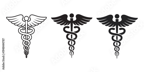 Caduceus medical symbol vector set, healthcare pharmacy sign illustration, medicine prescription icon collection, medical snake staff emblem isolated