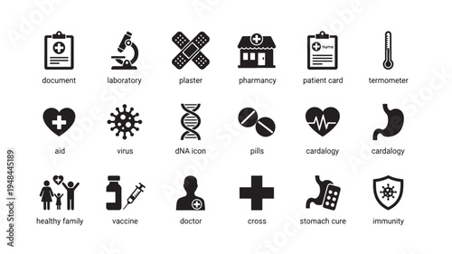 Medical icons collection including aid, virus, DNA icon, pills, cardiology, stomach, family, vaccine, doctor, cross, and immunity symbols.