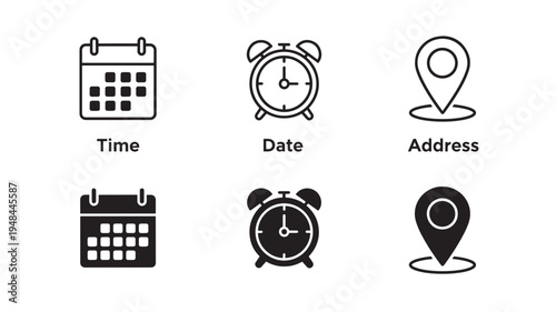 Calendar clock and location pin icons with corresponding labels for time, date, and address elements in both outline and solid styles.