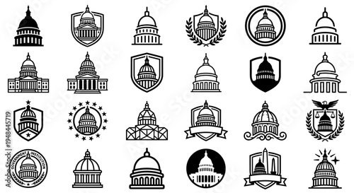 Collection of stylized black and white illustrations of various government building designs.