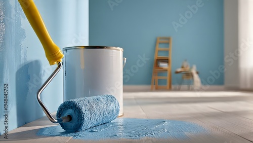 A blue paint roller resting in a fresh paint puddle on a light wooden floor, with a white bucket against a blue interior wall.