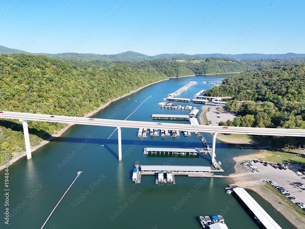 custom made wallpaper toronto digitalAerial View of the Lakeside Sunset Marina Resort on Dale Hollow Lake With Highway 111 Bridge, Boats and Forested Shoreline, Calm Water on a Sunny Day, Monroe, Tennessee, USA.