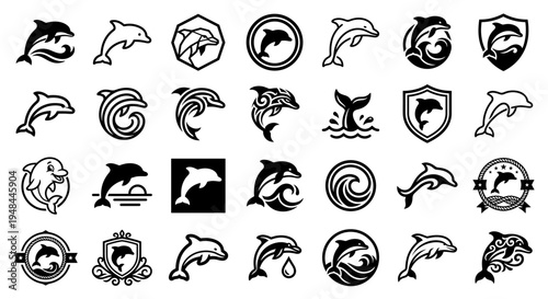 Collection of various dolphin illustrations and logo designs, presented in black and white.