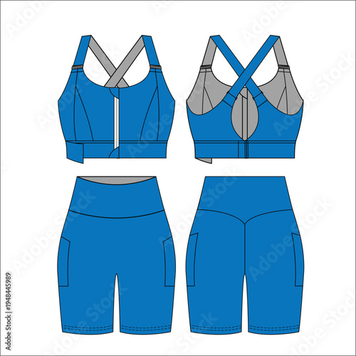 Technical flat sketch of women's activewear set vector template featuring cross back sports bra yoga leggings and biker shorts for fashion design.