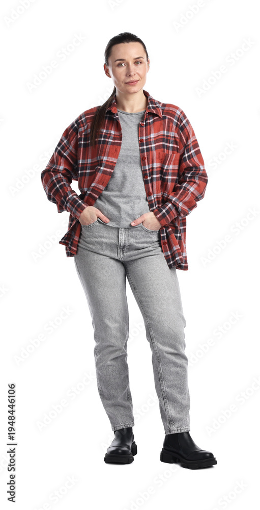 Fototapeta premium Happy long-haul truck driver in checkered shirt on white background