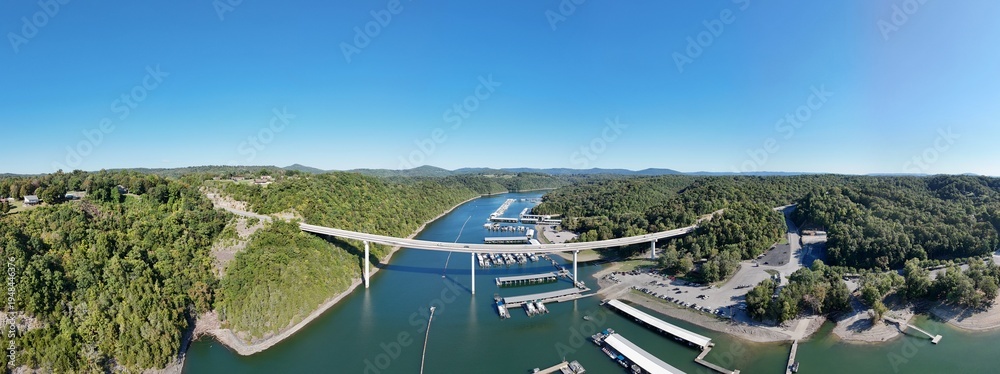 custom made wallpaper toronto digitalAerial View of the Lakeside Sunset Marina Resort on Dale Hollow Lake With Highway 111 Bridge, Boats and Forested Shoreline, Calm Water on a Sunny Day, Monroe, Tennessee, USA.