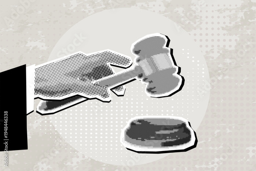 Trendy Halftone Collage Hand strikes judge's gavel. Verdict. Modern photo collage style. Vector illustration
