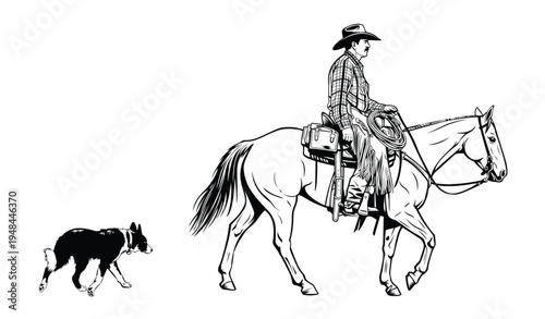 Vector illustration of a cowboy on horseback with a herding dog, black and white rancher silhouette