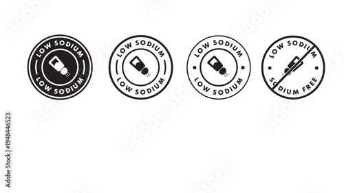 Salt shaker icons with text indicating low sodium and sodium free labels in a circular stamp design featuring food label, dietary, health with
