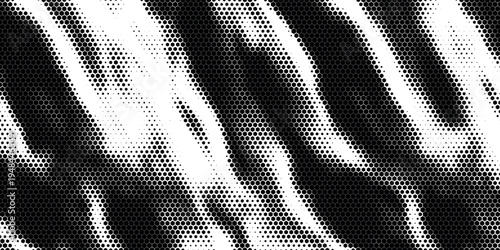 Hexagon halftone gradient texture. Abstract black grunge background. Geometric retro halftone tech overlay. Fading wavy hexagonal pattern backdrop. Vector vanishing honeycomb grunge bitmap wallpaper