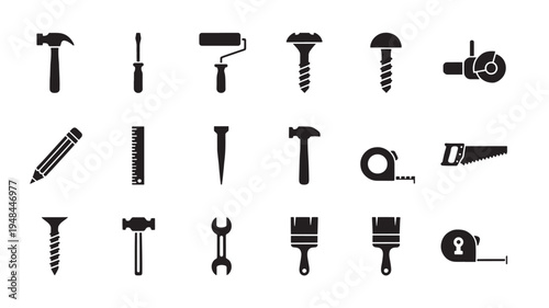 Tools set icons with hammers, screwdrivers, saws, wrenches, paintbrushes, and measurement devices for construction and DIY projects.