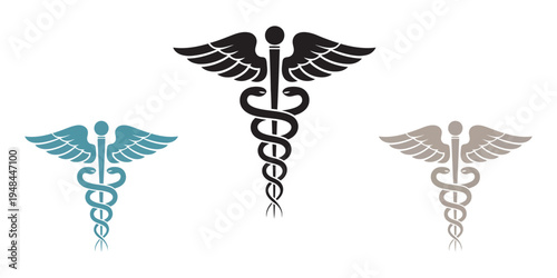 Caduceus medical symbol stock vector set, healthcare medicine pharmacy sign illustration, prescription medical snake staff emblem icon
