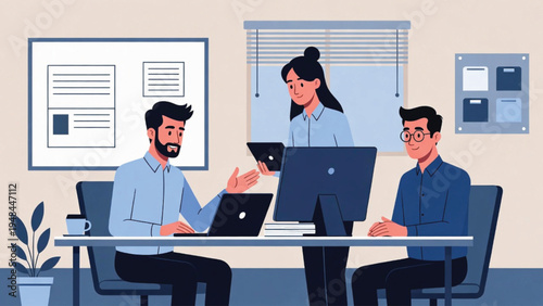 Business Collaborative team meeting with laptops in a modern office setting Vector