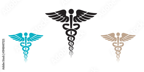 Caduceus medical symbol vector set, pharmacy medicine sign illustration, prescription healthcare icon collection, medical snake staff emblem design