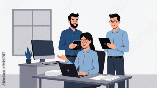 Business Collaborative team meeting with digital devices in an office setting Vector