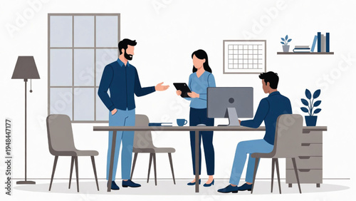 Business Team collaborating in a modern office workspace with digital devices and planning tools Vector