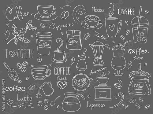 Chalk style hand drawn coffee doodle set with cups, beans and brewing tools, decorative café illustration collection on gray background