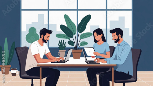 Business Collaborative team meeting in a modern office workspace with laptops and plants Vector