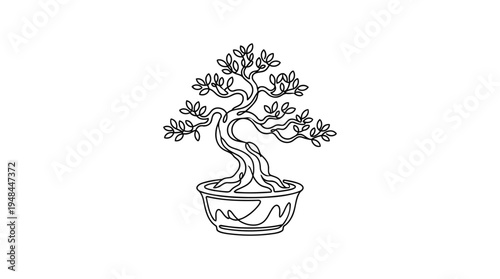 Bonsai Tree in Ceramic Pot Continuous Single Line Minimalist Patience Line Art Illustration