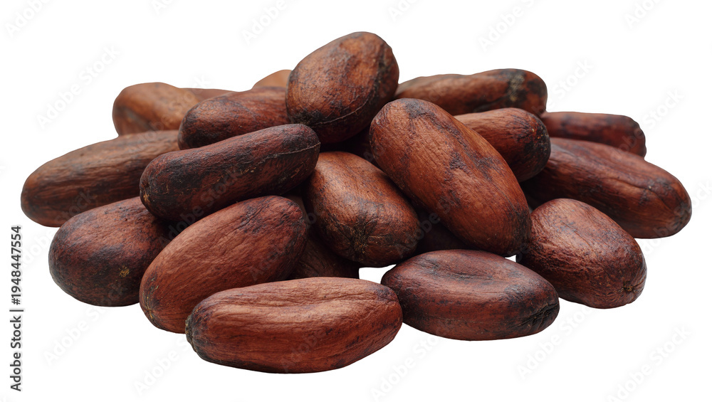 Obraz premium Pile of raw cocoa beans, rich brown textured cacao seeds for chocolate production, isolated PNG on transparent background