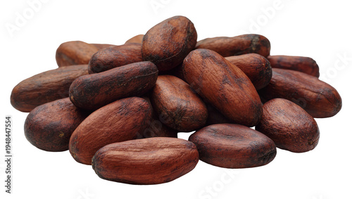 Pile of raw cocoa beans, rich brown textured cacao seeds for chocolate production, isolated PNG on transparent background