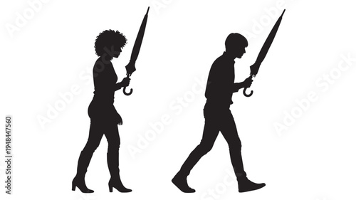 Silhouettes of a woman with curly hair and a man holding closed umbrellas while walking isolated on white background