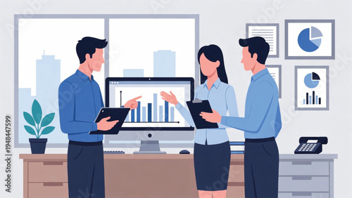 Business Business professionals discussing data analytics in a modern office setting Vector