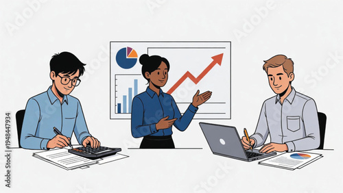 Business Team collaborating on financial growth strategies and data analysis in office setting Vector