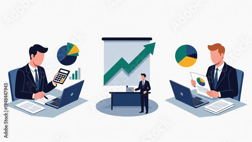  Business professionals analyzing growth metrics and financial data together Vector