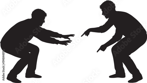 Two men silhouettes in black, one reaching out and the other pointing accusatorily, conveying blame or a challenge.