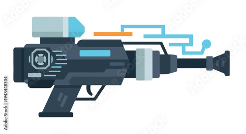Stylized ray gun illustration with blue and gray tones depicting futuristic technology