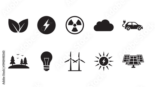 Icons for renewable energy, sustainability, and ecology including leaves, wind turbines, solar panels, and electric car.