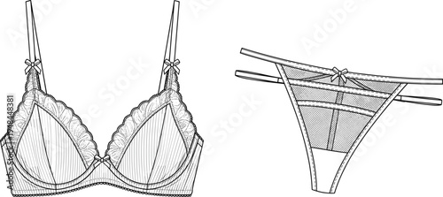 "Detailed lingerie technical illustration featuring bra with scalloped lace trim, bows, underwire cups and matching thong with mesh panels, seams, and decorative details"