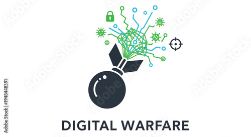 Digital warfare concept a bomb with digital connections and security icons