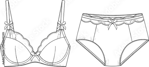 "Black and white lingerie technical illustration featuring bra with scalloped lace trim, bows, underwire cups and matching panties with decorative stitching and waistband details"