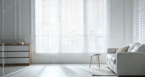 Photos Sofa, table, dresser and window with closed blinds indoors