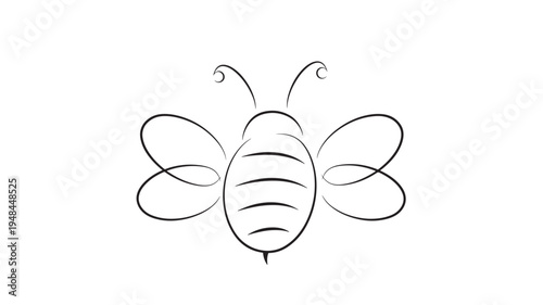 Bee line drawing with delicate swirls and segmented body, isolated on a clean white background. featuring insect, nature, wildlife with flying and