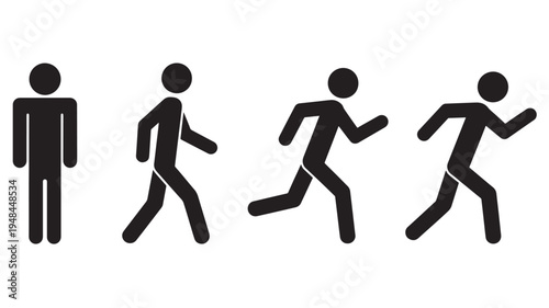 Stick figure people set with running and walking poses, representing different stages of movement and activity.