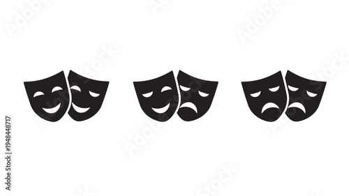 Theater masks happy and sad faces in black icon set, representing drama and comedy performance symbolism for art.