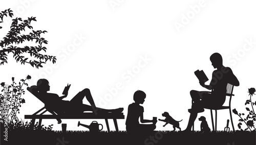 Silhouettes of people and dogs relaxing in a garden, enjoying outdoor activities like reading and playing.