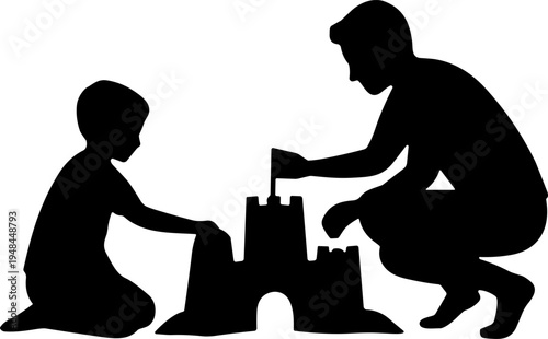 Adult and child building sandcastle silhouette icon vector illustration featuring family bonding, creativity, and playful outdoor activity motifs