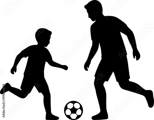 Adult and child playing soccer silhouette icon vector illustration featuring family bonding, mentorship, and recreational sports motifs